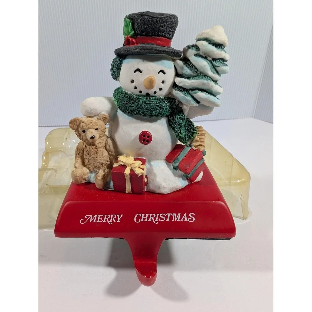 Santas Workbench Snowman Teddy Bear Hand Painted Resin Christmas Stocking Holder